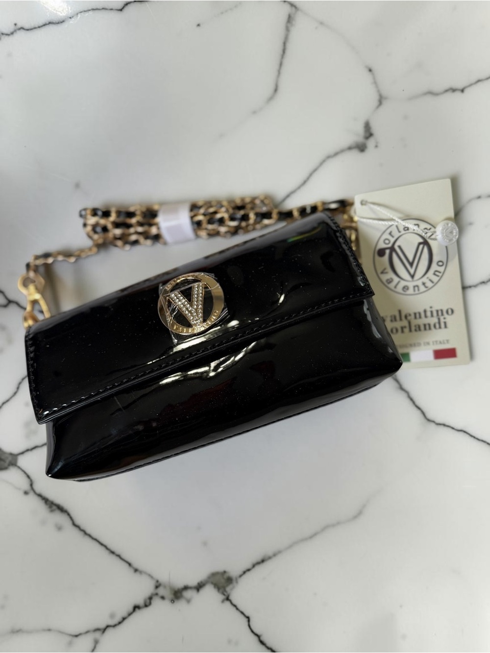 NWT Valentino Orlandi Black Patent Mini Crossbody | Crystal V Woven Chain Strap